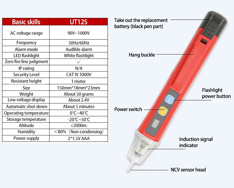 UNI-T UT12S 90 V-1000 V AC Напряжение детектор Бесконтактный карандаш Электрический Мощность светодиодный свет Сенсор метр тестер