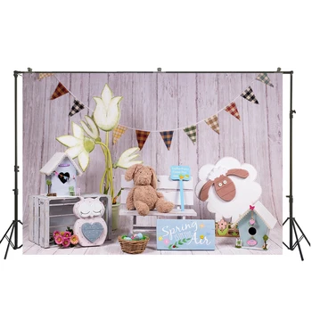 

HuaYi spring sence backdrops wonderful flowers craft rabit decoration wood planks background photography easter backdrops W-3775