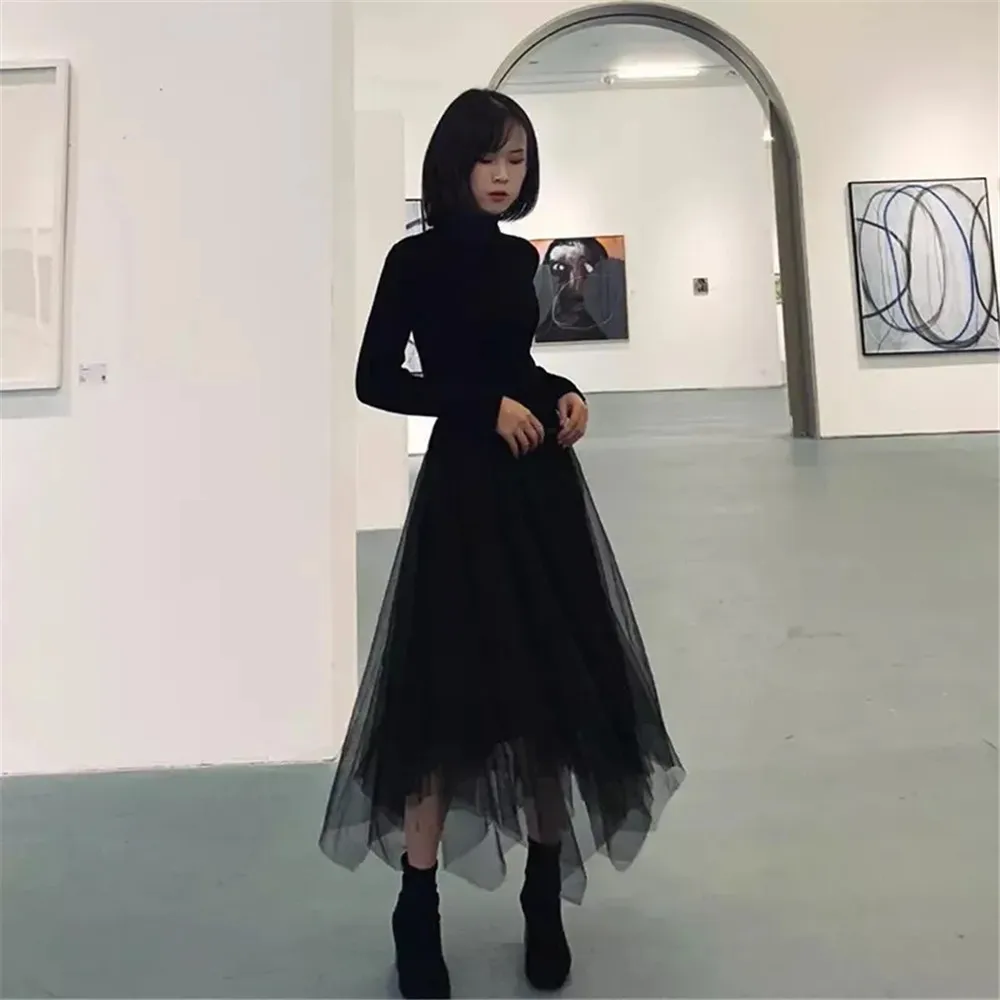 Vintage Punk Gothic Grauer Tüll Langer Unregelmäßiger Plissierter Rock Damen Elastische Hohe Taille A-Linie Mesh Midi-Röcke Streetwear – Detail 10