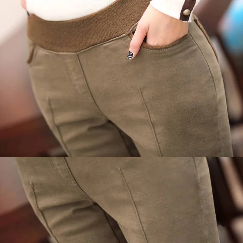 Хлопковые брюки с высокой эластичной талией, брюки-карандаш размера плюс S-4XL, Зимние Теплые повседневные женские брюки с толстыми вставками, тянущиеся женские 6517 50