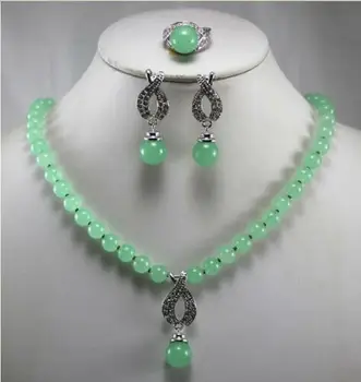 

Hot Jewelry 8MM Green Jade Pendant Necklace Earring Ring Set