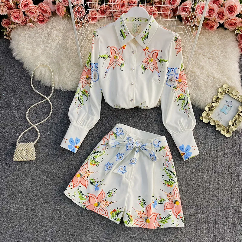 

2 Piece Set Women Single-breasted shirt+High waist shorts Sets Summer Women's Trouser Suits Bohemian two piece set