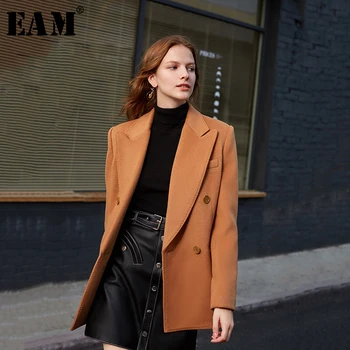

[EAM] Loose Fit Double Breasted Camel Brief Woolen Coat Parkas New Long Sleeve Women Fashion Tide Spring Autumn 2020 1K901