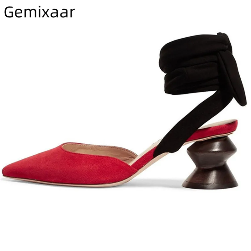 

Hot Sell Cross Lace-up Sandals Woman Point Toe Slim Shallow Walking Sandalias Big Size Strange Chess Piece Heel Woman Sandals 42
