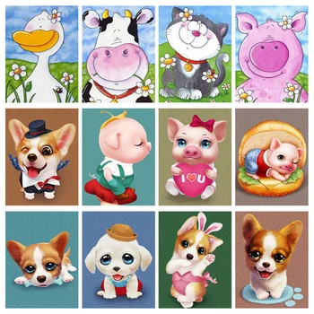 

Scenery DIY Diamond Painting Cartoon Dog Pig Full Round Cross Stitch Mosaic Embroidery Home Decor Accessories