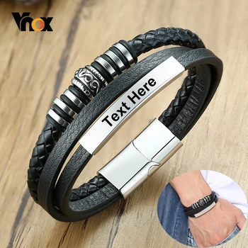 

Vnox Men's Stylish Black Leather Bracelets with Custom Engrave Service Stainless Steel ID Tag Bar Accessories