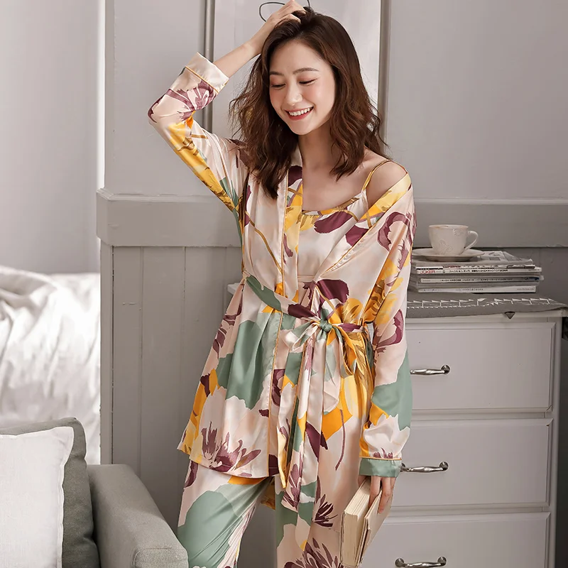 

Autumn Floral Print Silk Luxury Women 3 Pieces Robes Sets Long Sleeve Elegant Sleepwear Female Bathrobe Sexy Lingerie