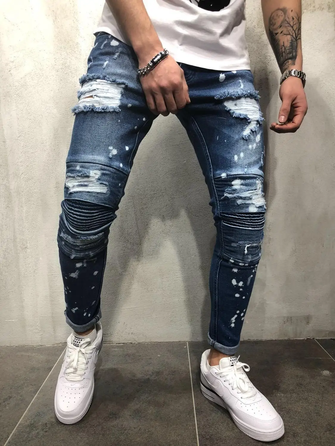 New Men Summer Brand Jeans broken hole Hip-hop High Street Ripped Holes Jeans Pants Pleated Streak Plus Size Haulage Motor B New Men Summer Brand Jeans broken hole Hip-hop High Street Ripped Holes Jeans Pants Pleated Streak Plus Size Haulage Motor B