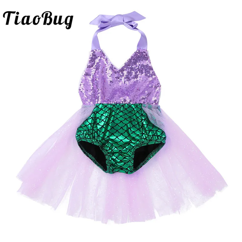 Tiaobug Baby Girls Swimsuit Onepiece Halter Mermaid Scale Printed Sequined Swimwear Costume