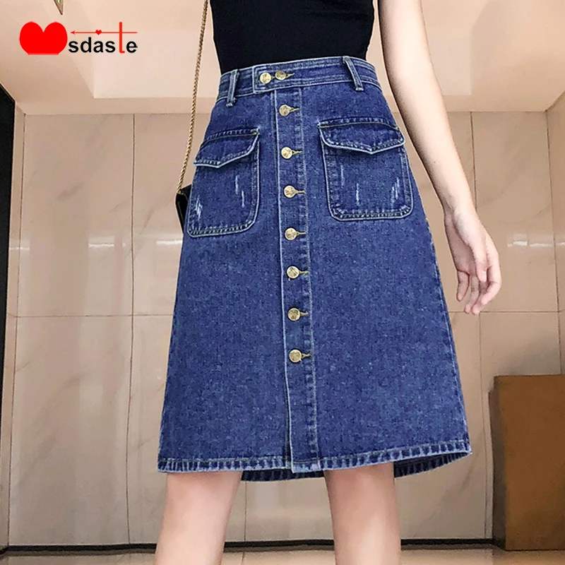 

Denim Skirts Women 2020 Summer High Waist A-line Female Skirt Knee-length Saia Loose Plus Size S~4XL 5XL 100KG Lady Jeans Skirts