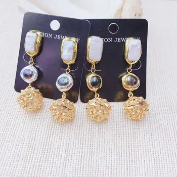 

Wholesale Nutral Freshwater Pearl Mesh Ball long earrings Fashion Hot Sell Delicate 24K Gold Dangle Earring 3Pairs Mix Color