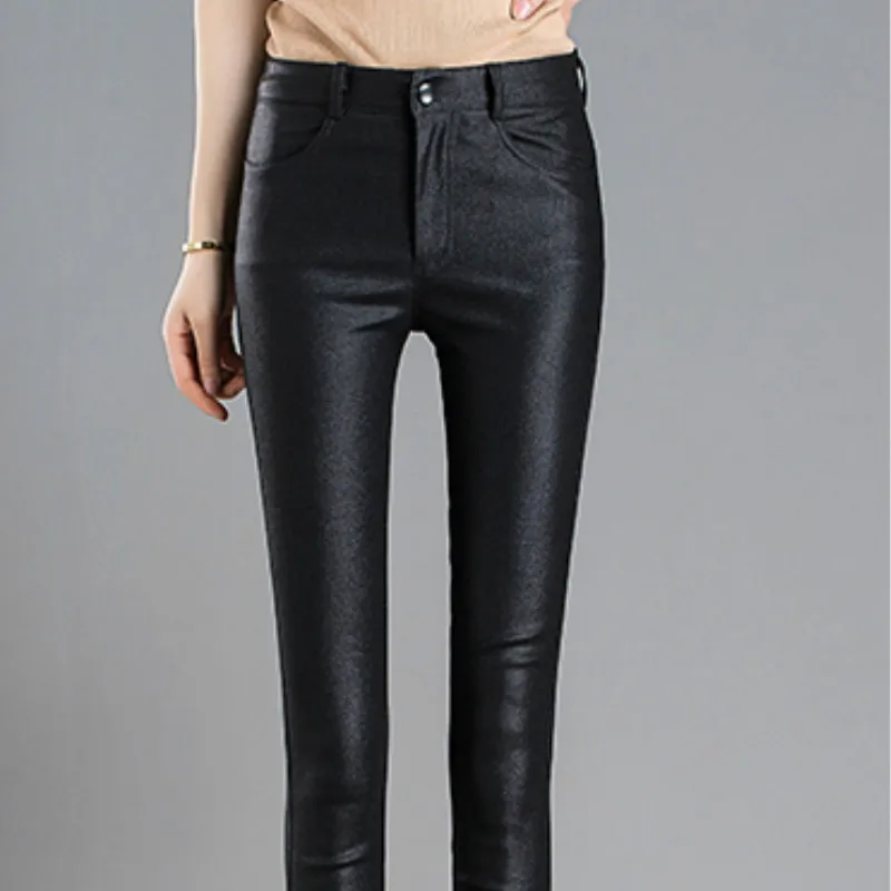 Модные осенне-зимние теплые эластичные женские брюки-карандаш, женские брюки из искусственной кожи, обтягивающие штаны, женские обтягивающие штаны 7648 50