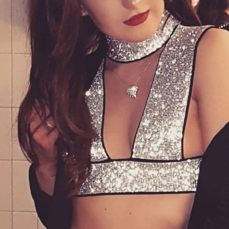 

Bling Diamante Tank Tops Women Sexy Deep V Neck Shiny Rhinestone Choker Backless Fashion Crop Tops Clubwear Camis Festival Rave