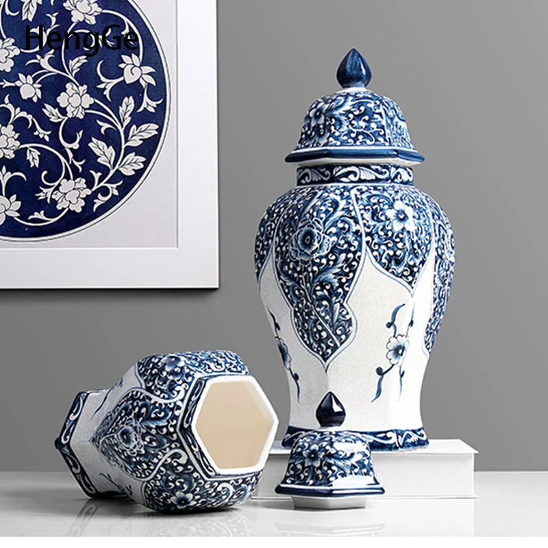 

Керамическая банка для хранения, китайская сине-белая глазурованная фарфоровая ваза с трещинами для льда, украшения для гостиной, декоративная банка, аксессуары для дома