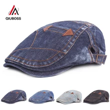 QIUBOSS Для мужчин Для женщин без каблука на плоской подошве из джинсовой ткани в Кепки берет такси охотничьи шляпы Повседневное с закруглёнными краями и пуговицей сверху Кепка на открытом воздухе солнцезащитная Кепка с козырьком