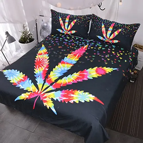 

Maple Leaf Bedding, Geometric Duvet Cover, Rainbow Psychedelic Bed Set, Stunning Black Bedspread