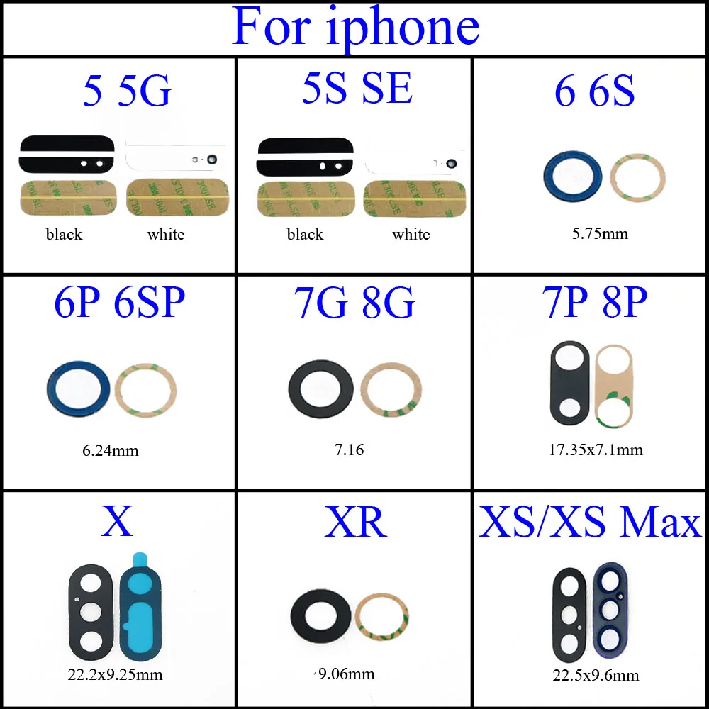 

Back Camera Glass Lens for iPhone 5G 5S 6 6S 7G 8G 8 Plus X XR XS MAX Rear Cam Cover with 3M Sticker Adhesive Replacement Parts