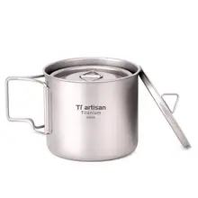 Tiartisan-taza de agua de acampada, combinación de 350ml-750ml, taza de titanio ultraligera, olla con mango plegable con tapa y saco de cosas