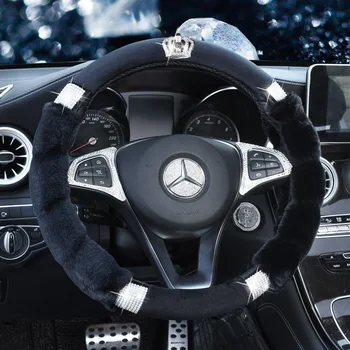 

New Winter Warm Plush Fur Car Steering Wheel Cover Crystal Rhinestone Crown Diamond Steering-Wheel Case Women Girls Accessories