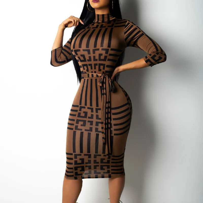 

Women Dress Striped Colorblock Insert Women Bodycon Dress Three Quarters Sleeve Mock Neck Office Ladies Casual Midi Dress