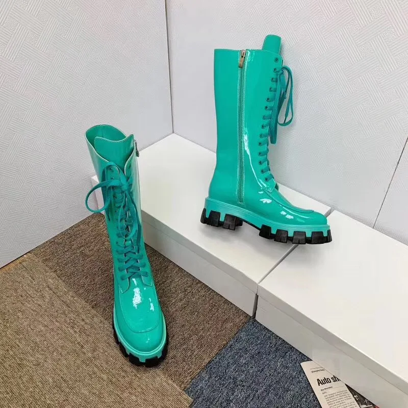 light blue Buono Scarpe/женские ботинки средней высоты на толстой подошве; ботинки в жокейском стиле с перекрестной шнуровкой; Botas Fenimina; женские ботинки черного цвета на платформе в стиле панк - Цвет: light blue