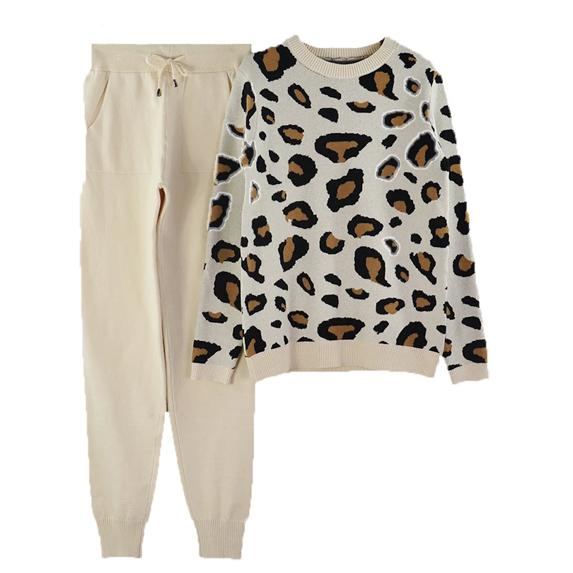 TAOVK/осенне-зимний женский модный Леопардовый вязаный свитер с круглым вырезом и штаны, комплект из двух предметов - Цвет: Бежевый
