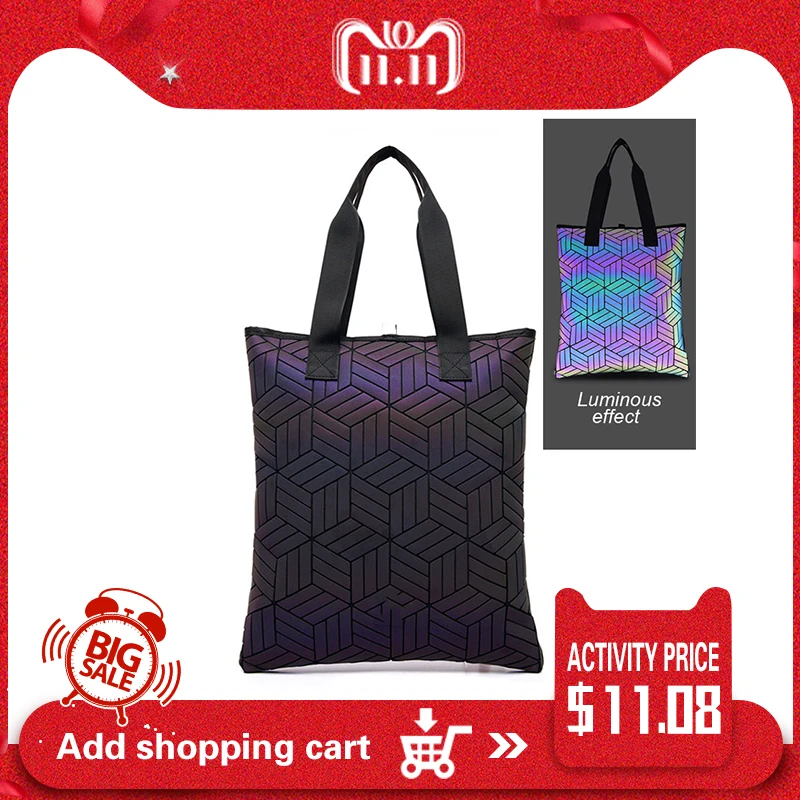 

Luminous Fahion Woman Top Handle Crack Geometric Handbag Holographic Lady Tote Laser Shopping Bag