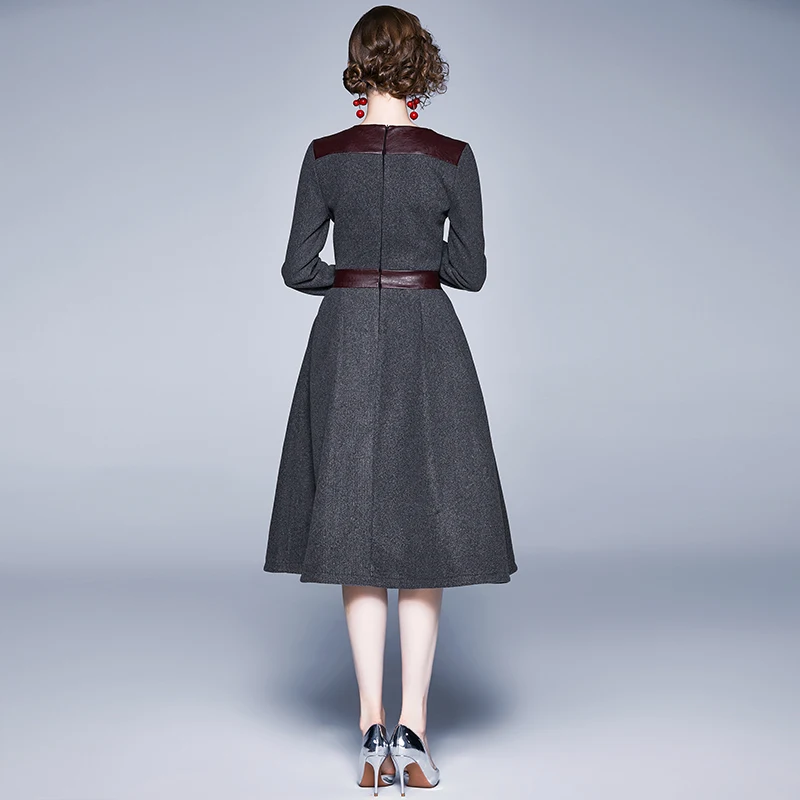 Новинка, серое шерстяное зимнее платье миди с длинным рукавом, Moda Mujer,, женское вечернее платье с длинным рукавом, Robe Femme Hiver K6575