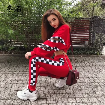 

Women 2 Pieces Sets Red Color Hoodies Sweatpants Fashion Female Loose Pullover Top And Sid Plaid Pants Tracksuit S-xl Women Set