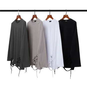 

Long Sleeve Destroyed T-shirt Hip Hop Oversize Cotton Tee Men Streetwear