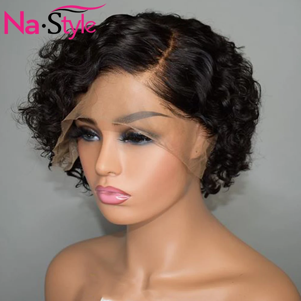 US $57.97 Curly Bob Lace Front Wigs Pixie Cut Wig 150 250 Remy Brazilian Short Curly Human Hair Wig For Black Women Curly Short Wigs Natur