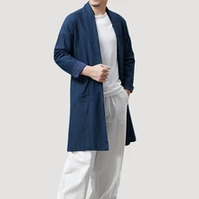 Весенне-осенняя ветровка для мужчин, винтажный Тренч в китайском стиле, Мужская однотонная тонкая куртка-кардиган с длинными рукавами, длинный Тренч