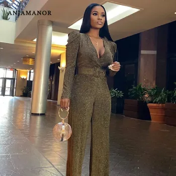 

ANJAMANOR Shiny Deep V Long Sleeve One Piece Jumpsuit Plus Size Club Outfits Fall Winter Womens Jumpsuits Long Pants D29-AG90