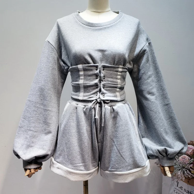 TVVOVVIN серый круглый вырез длинный рукав короткий свитер пояс Эластичный Высокая талия шорты женский костюм Повседневная мода осень L349 - Цвет: Gray