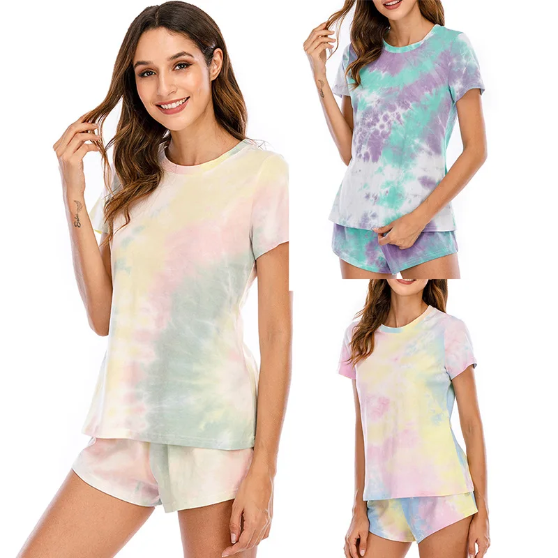 Женская пижама Пижамный костюм с принтом в стиле Tie dye летняя спортивная футболка