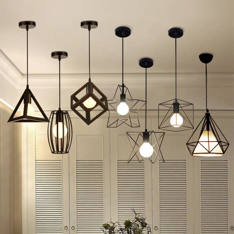 Modern Cage Pendant Lights Iron Loft Pyramid Lamp Industrial Hanging For Cafe Living Room Dinning Kitchen E27 | Лампы и освещение