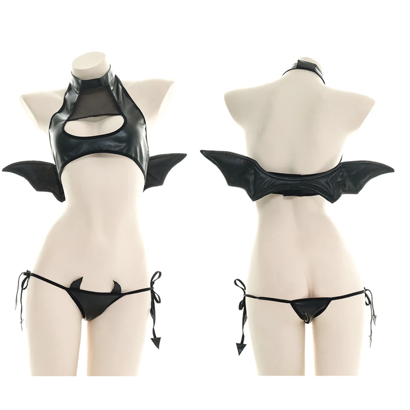 Japanese Womens Devil Cosplay Costumes Sexy Hollow Out Tank with Wings Punk Lolita Anime Bikini Set Anime Lingerie
