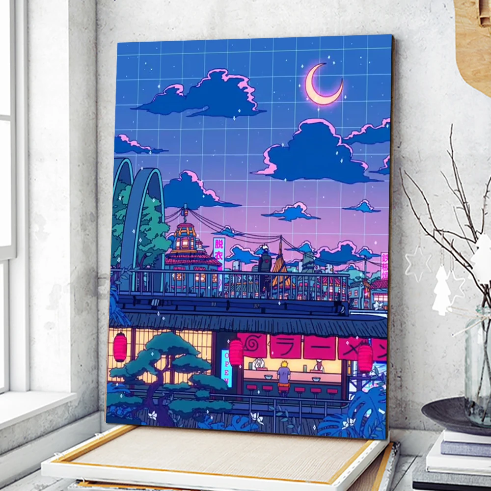 Canvas Wall Art Cartoon View Street Prints Poster Home Decoration Night Tree Manga Cute Painting For Bedroom Modular Pictures
