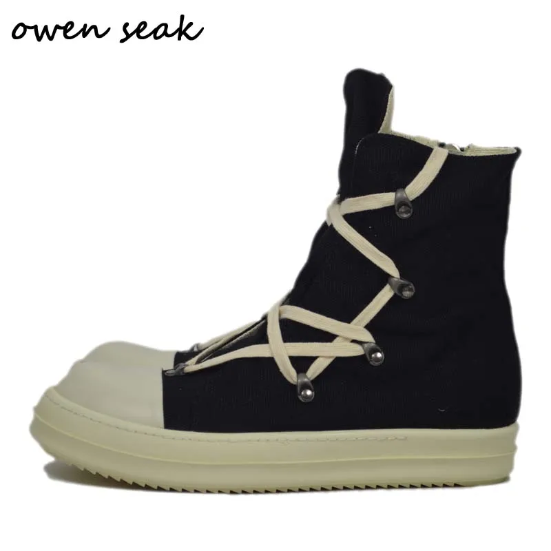 Owen Seak Men Canvas Shoes High-TOP Ankle Lace Up Luxury Trainers Women Rivet Sneaker Boots Casual Zip Flats Black |