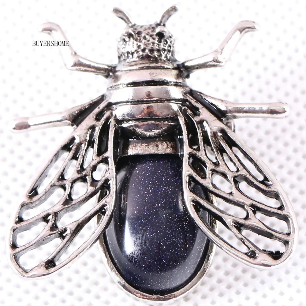 Мужская/Женская Брошь Цикада из натурального камня с синим песчаниковым бусином