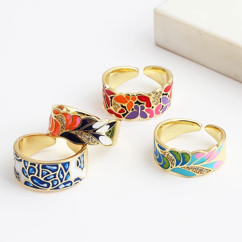 New Design Butterfly Flower Butterfly Enamel Adjustable Wide Band Rings For Women Vintage Open Ring Colorful Jewelry