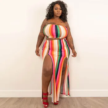 

Women's Plus Size Double Strapless Crop and Split Maxi Skirt