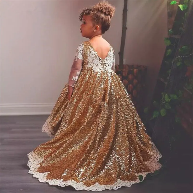 19 Gold Sequined High Low Flower Girl Dresses For Wedding Lace Long Sleeves Toddler Pageant Gowns Appliqued Ball Gown Custom Made