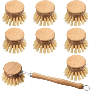 

Wooden Kitchen Dish Brush,Bamboo Scrub Cleaning Brush and 7 Replacement Brush Heads Dish Brush for Kitchen Room Cleaning