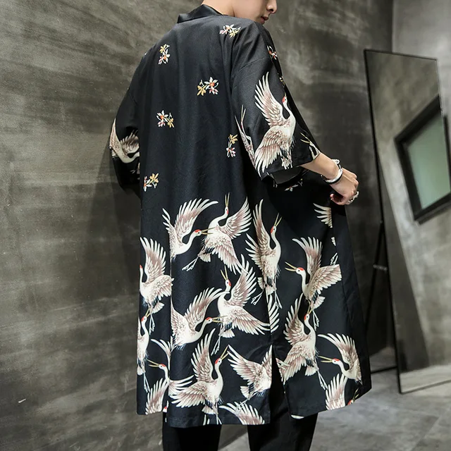 HAORUN Men Japanese Crane Printed Yukata Kimono Haori Coat Shirt 3