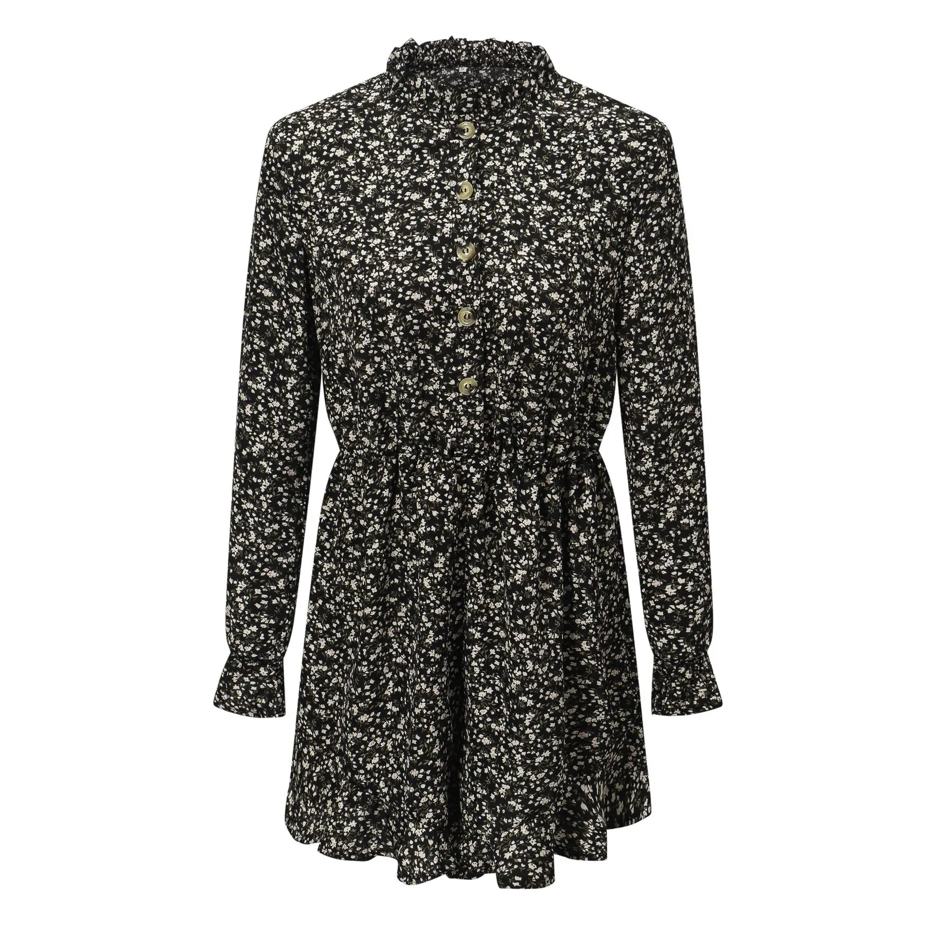 

CAWA Vintage Button Front Floral Print Romper Women Spring Summer Stand Collar Long Sleeve Elegant Fashion Ruffle Playsuits