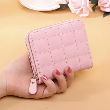 

2020 New Women's Wallet Mini Coin Purse Female Wallet PU Fashion Ladies Wallet Zipper Plaid Student Short Embroidered Card Bag