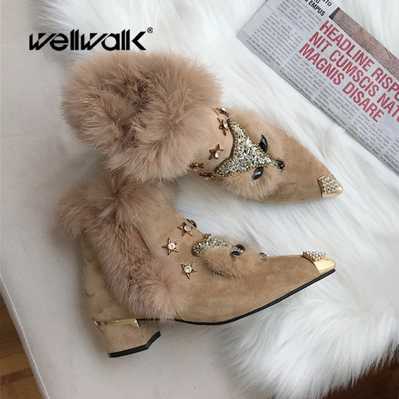 Fur Chelsea Boots Women Heels Winter Shoes Fox Rhinestone Design Metal