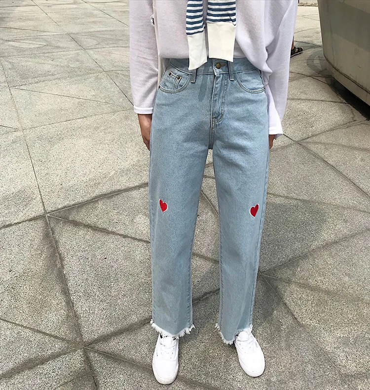 Cowboy Women's Spring New Style CHIC Korean-style High-waisted Love Embroidered Loose-Fit Loose Pants Versatile Slimming Straigh