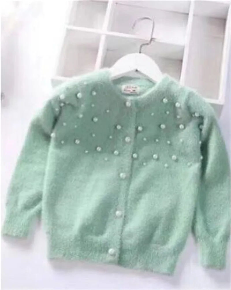 Осень-зима, однотонный теплый свитер с жемчужинами для девочек, норковая бархатная вязаная куртка-кардиган принцессы, детская одежда, одежда для детей - Цвет: Зеленый